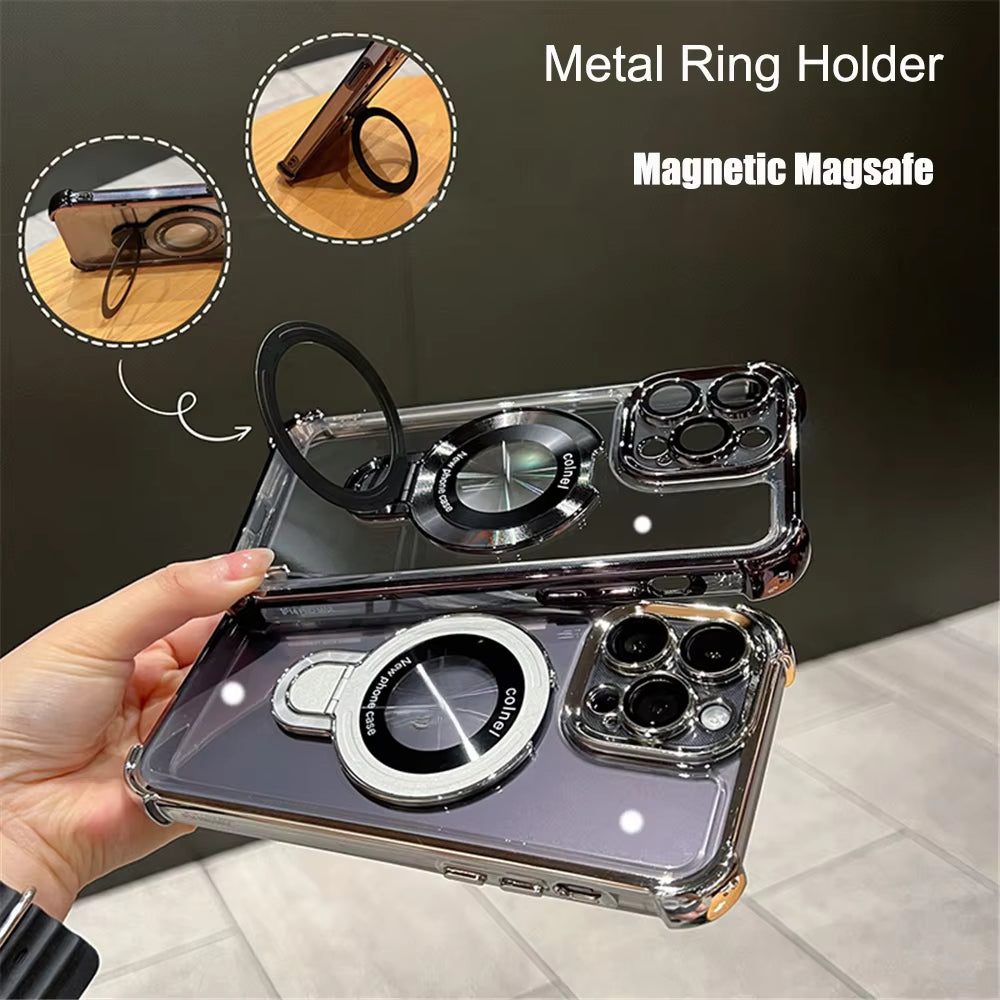 Luxury Plating Shockproof Magnetic Bracket For Wireless Charge Clear Case For iPhone