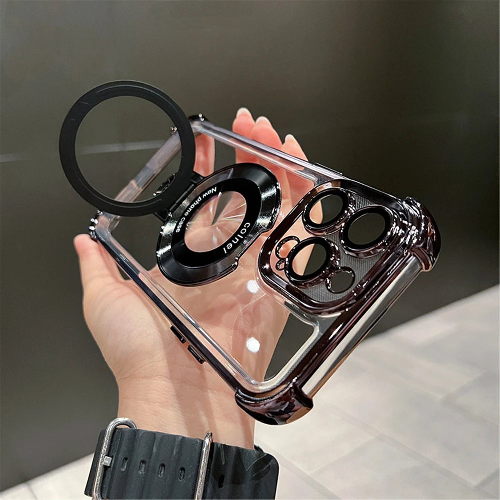 Luxury Plating Shockproof Magnetic Bracket For Wireless Charge Clear Case For iPhone